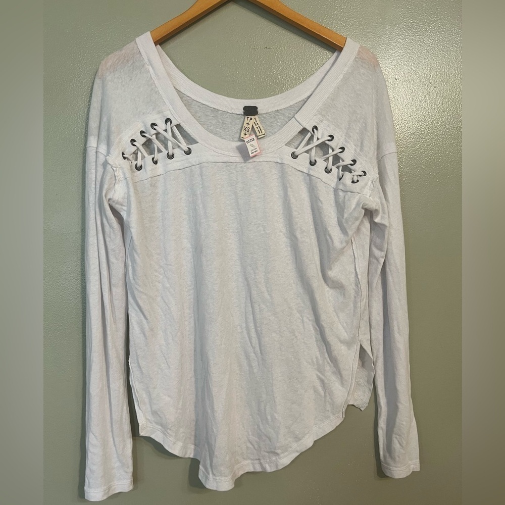 Wee The Free Womens White Linen Cotton Blend Long Sleeves Tee Shirt Sz XS